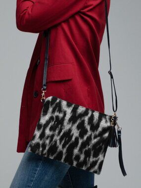Animal Print Crossbody Clutch Bag - Grey
